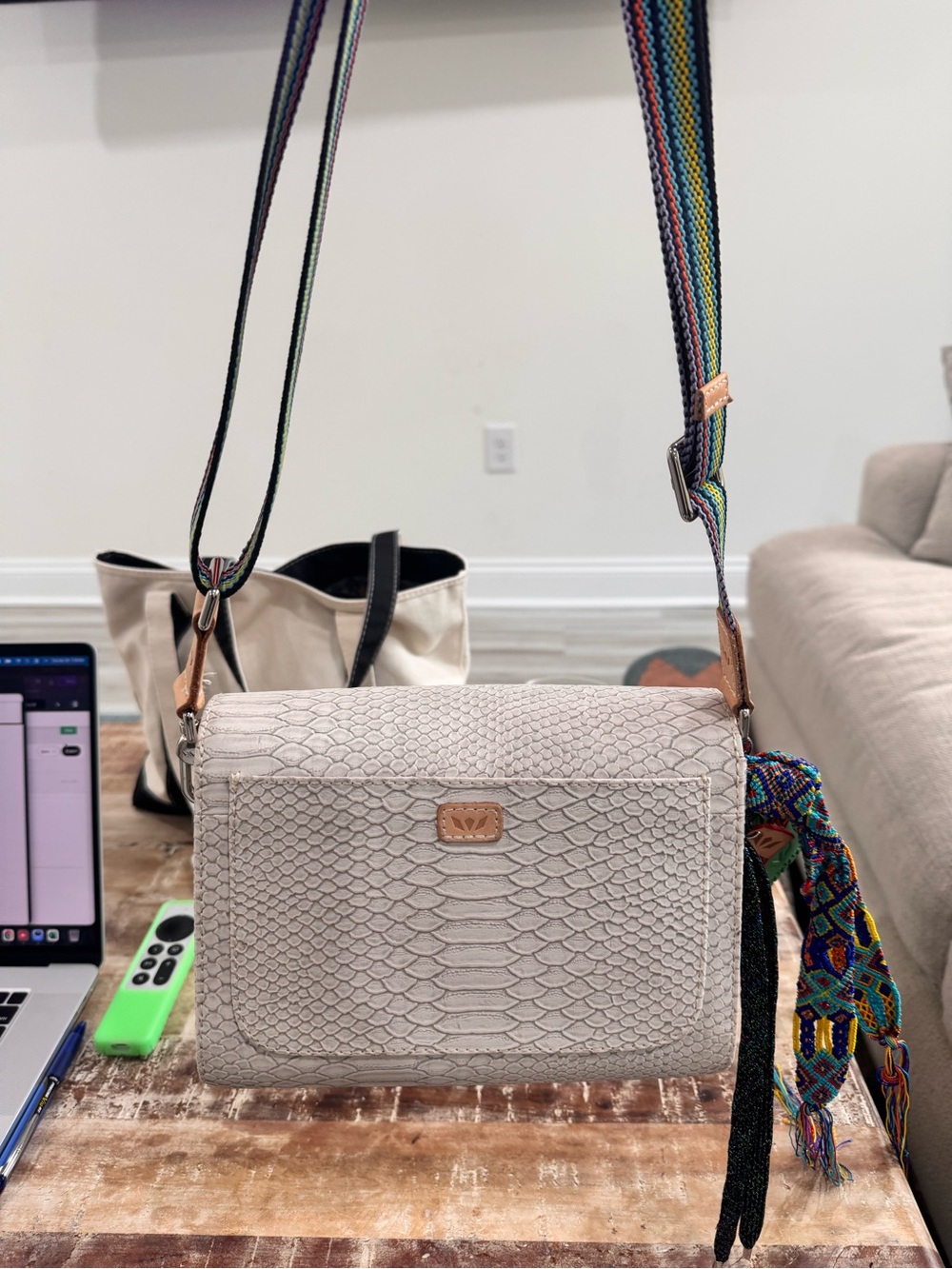 Consuela Cream Textured Crossbody with Colorful Woven Strap - Picture 5 of 7